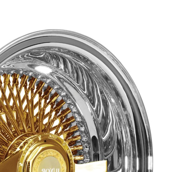 Luxor 13x5.5 Wire Wheels – 100 Spoke Straight Lace Reverse | Gold Center & Chrome Lip | Lowrider Rims