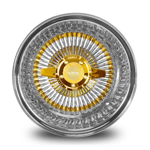 Deep Dish 13 Inch Luxor Wire Wheel with Chrome Lip and Gold Hardware – Reverse Offset for Lowrider Builds