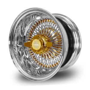 13-inch-wire-wheels-100-spoke-reverse-gold-nipple-gold-hub-wire-wheels-side-view 13x7 Wire Wheel – Gold Nipple, Hub & Knock-Off – 100 Spoke Reverse Front View