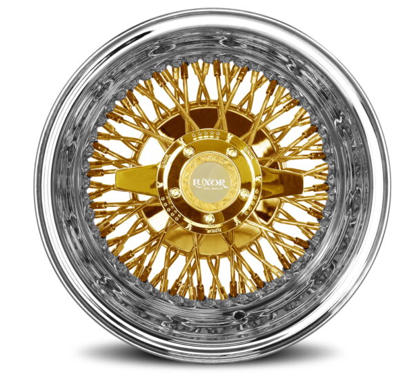 Luxor 13x5.5 Wire Wheels – 72 Spoke Cross Lace Reverse | Gold Center & Chrome Lip | Lowrider Rims