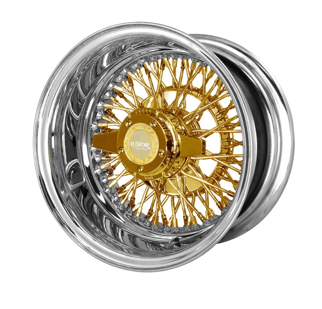 Luxor 13×5.5 Wire Wheels – Gold Center & Chrome Lip