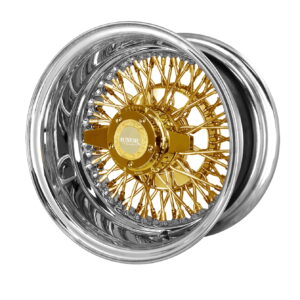 13-inch-wire-wheels-reverse-72-spoke-cross-laced-gold-center-front-side 14x6 Reverse Offset Luxor Wire Wheel – Deep Dish Gold Center Side View