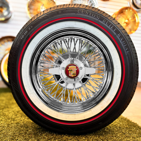15-inch-wire-wheels-vogue-tires-red-cadillac 15x7” Chrome 72 Spoke Wire Wheels + Vogue Red Stripe Tires (215/70R15) | Cadillac - front view with 2-bar knock-off