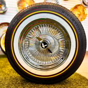 15x7-wire-wheels-100-spoke-standard-215-70-15-vogue-tires-black-eagle 15×7” Chrome 100-Spoke Wire Wheels with 215/70R15 Vogue Whitewall Tires & Black Eagle Knock-Offs – Complete Set