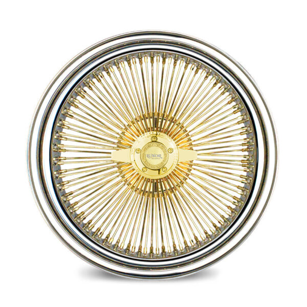 17x8 Luxor Gold Center Wire Wheel – 100 Spoke Straight Lace Front View