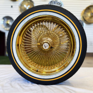 17x8-standard-all-gold-100-spokes-wire-wheels-225-50-r17-vogue-tires-front 17x8” Gold Wire Wheels – 100 Spoke All Gold + 225/50R17 Original Vogue Tires | Triple Plated | Complete Set of 4
