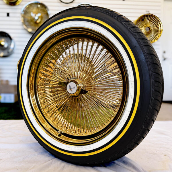 17x8” Gold Wire Wheels – 100 Spoke All Gold + 225/50R17 Original Vogue Tires - Side View