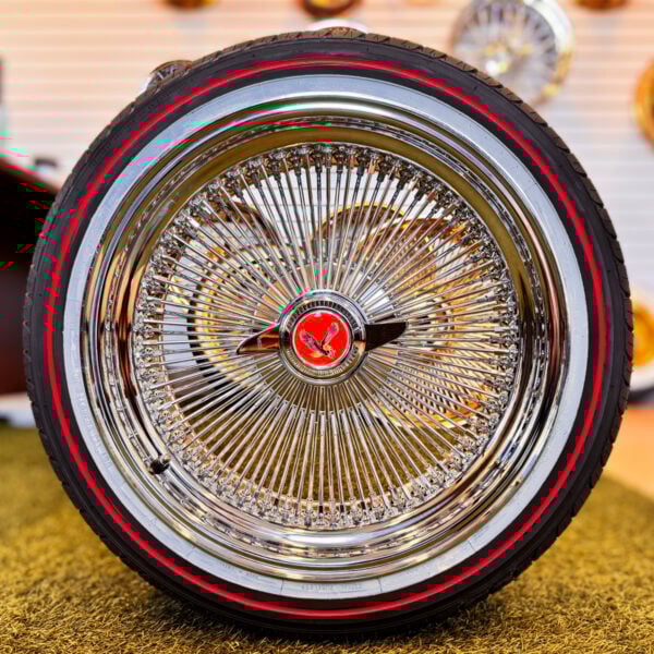 20x8” Chrome Wire Wheels – Standard Offset, Triple-Plated Chrome + 245/40R20 Original Vogue Red Stripe Tires - front view