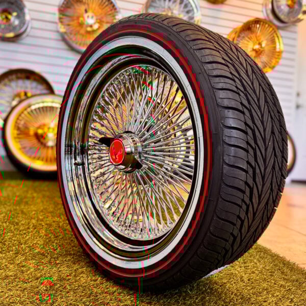 20x8” Chrome Wire Wheels – 150 Spoke Standard Offset + 245/40R20 Original Vogue Red Stripe Tires – Triple Chrome | Set of 4