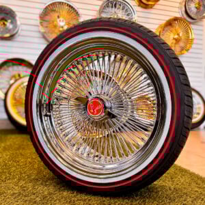 20x8-wire-wheels-150-spoke-245-40-20-vogue-red-stripe-tires-side-view 20x8” Chrome Wire Wheels – Standard Offset, Triple-Plated Chrome + 245/40R20 Original Vogue Red Stripe Tires - side view