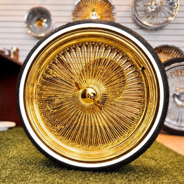 22×8″ All Gold Wire Wheels – 150 Spoke Standard + 255/30R22 Custom Whitewall Tires (Set of 4)
