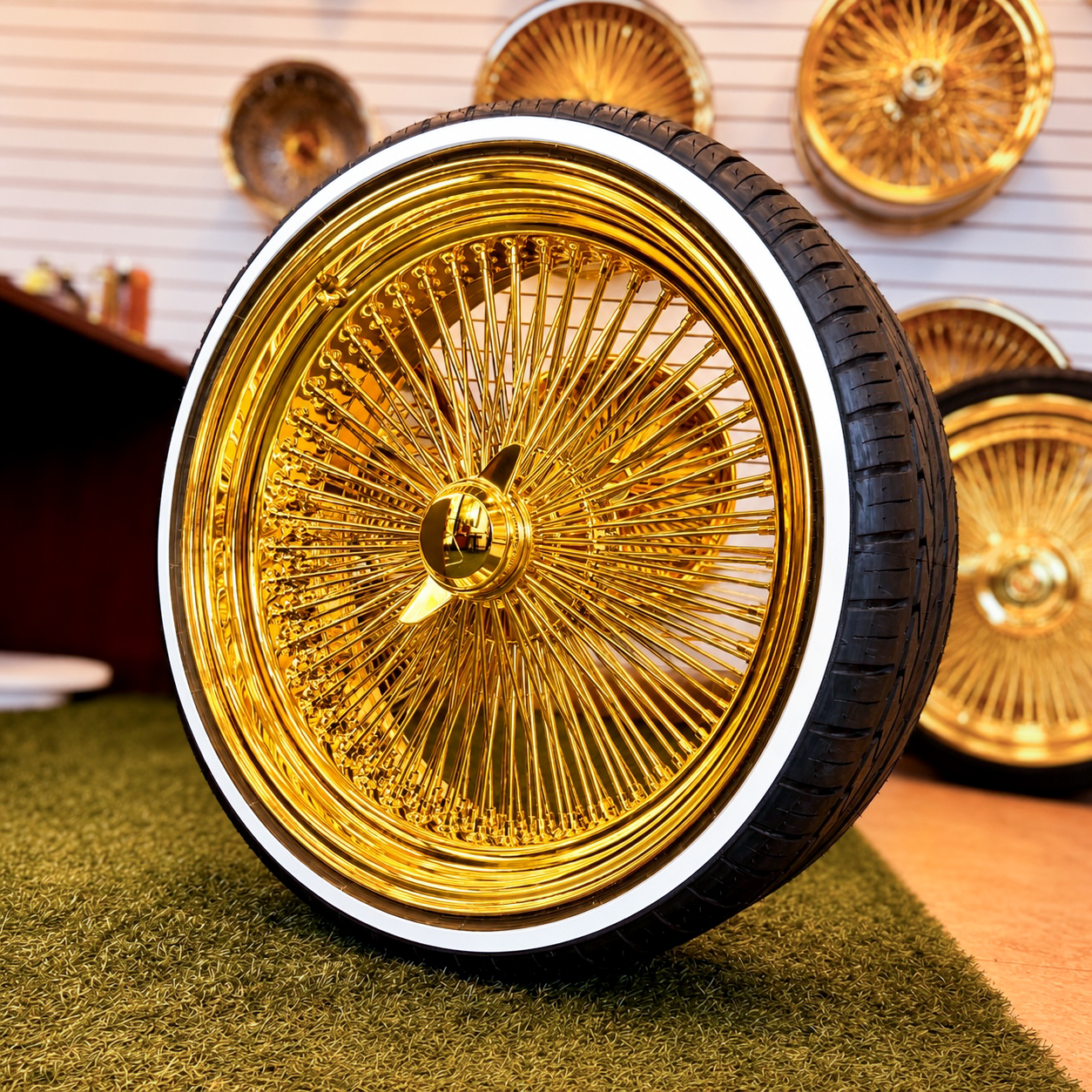 22×8” All Gold Wire Wheels + 255/30R22 Custom Whitewall