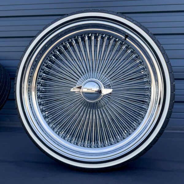 22x8” Wire Wheels – 150 Spoke Standard Chrome + 255/30R22 Custom Whitewall Tires – Triple Plated Finish | Complete Set of 4