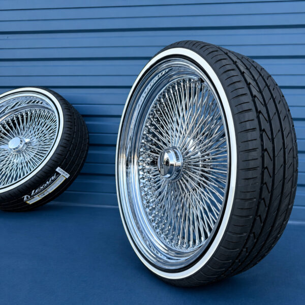 22x8” Wire Wheels – 150 Spoke Standard Chrome + 255/30R22 Custom Whitewall Tires – Triple Plated Finish | Complete Set of 4