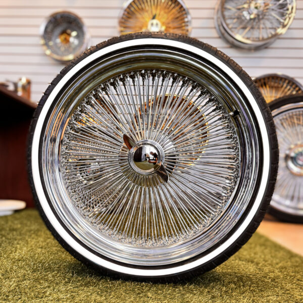 22x8” Wire Wheels – 150 Spoke Standard Chrome + 255/30R22 Custom Whitewall Tires - front view