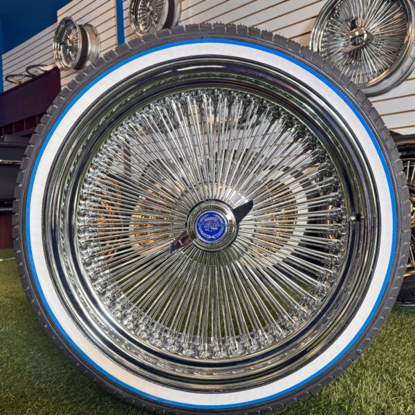 22-inch-wire-wheels-265-35-22-blue-stripe-tires 22×8″ Wire Wheels – 150 Spoke Standard + 265/35R22 Custom Blue Stripe Tires | New Edition 2025