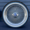 22x8-inch-standard-wire-wheels-chrome-265-35-r22-custom-whitewall-blue-stripe-front-side 22×8” Chrome Wire Wheels – 150 Spoke Standard + 265/35R22 Custom True Blue Stripe Tires | Triple Plated | Set of 4