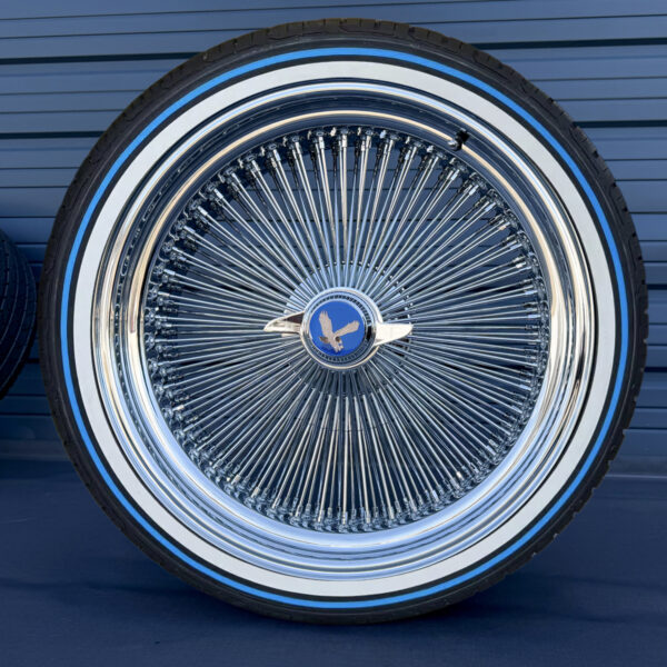 22x8-inch-standard-wire-wheels-chrome-265-35-r22-custom-whitewall-blue-stripe-front-side 22×8” Chrome Wire Wheels – 150 Spoke Standard + 265/35R22 Custom True Blue Stripe Tires | Triple Plated | Set of 4