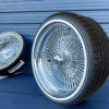 22x8-inch-standard-wire-wheels-chrome-265-35-r22-custom-whitewall-blue-stripe-tires-side 22×8” Chrome Wire Wheels – 150 Spoke Standard + 265/35R22 Custom True Blue Stripe Tires | Triple Plated | Set of 4