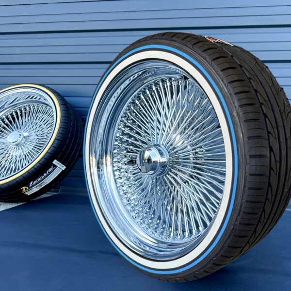 22x8-inch-standard-wire-wheels-chrome-265-35-r22-custom-whitewall-blue-stripe-tires-side 22×8” Chrome Wire Wheels – 150 Spoke Standard + 265/35R22 Custom True Blue Stripe Tires | Triple Plated | Set of 4