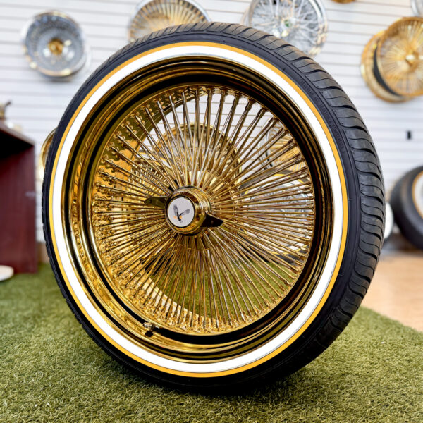 22x8” Gold Wire Wheels – 150 Spoke All Gold + Knock-Off Eagle Chip + 265/35R22 Vogue Tires - side angle - less tilt