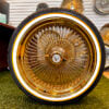 22x8” Gold Wire Wheels – 150 Spoke All Gold + Knock-Off Eagle Chip + 265/35R22 Vogue Tires - front view