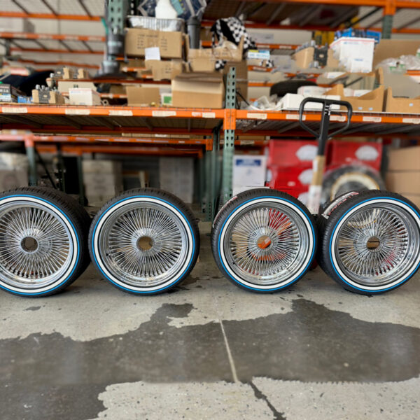 22x8-wire-wheels-chrome-265-35-22-white-and-blue-stripe-tires-bundle-view 22×8″ Wire Wheels – 150 Spoke Standard + 265/35R22 Custom Blue Stripe Tires | New Edition 2025