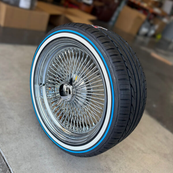 22x8-wire-wheels-chrome-265-35-22-white-and-blue-stripe-tires-side-view 22×8″ Wire Wheels – 150 Spoke Standard + 265/35R22 Custom Blue Stripe Tires - side view