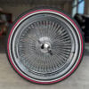 22x8-wire-wheels-chrome-265-35-22-white-and-red-stripe-tires 22×8″ Wire Wheels – 150 Spoke Standard + 265/35R22 Custom Red Stripe Tires - front side