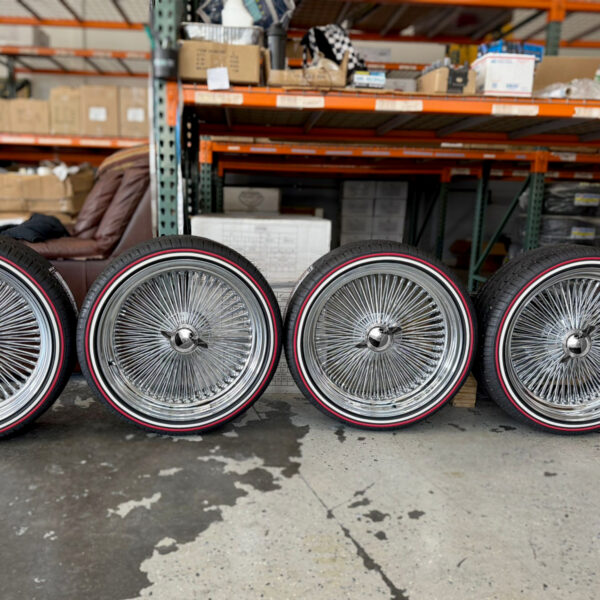 22×8″ Wire Wheels – 150 Spoke Standard + 245/30R22 Custom Red Stripe Tires for Chevy Impala