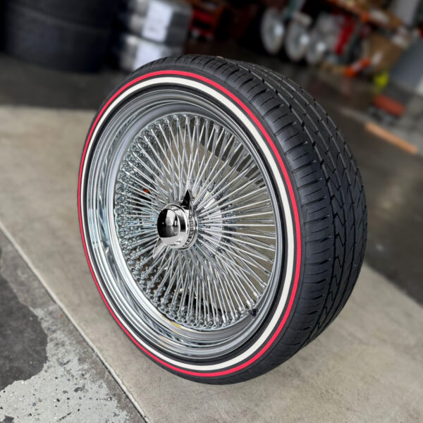 22×8″ Wire Wheels – 150 Spoke Standard + 265/35R22 Custom Red Stripe Tires - side view