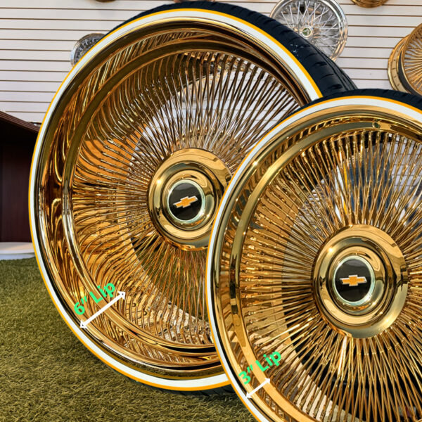 26” All Gold Wire Wheels – Staggered Direct Bolt + 275/25R26 Whitewall & Gold Stripe Tires for Chevy Caprice | Set of 4