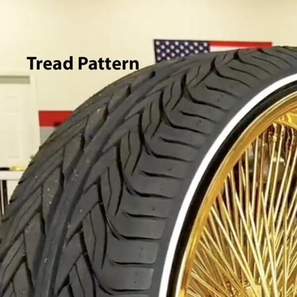 26” All Gold Wire Wheels – Staggered Direct Bolt + 275/25R26 Whitewall & Gold Stripe Tires for Chevy Caprice | Set of 4