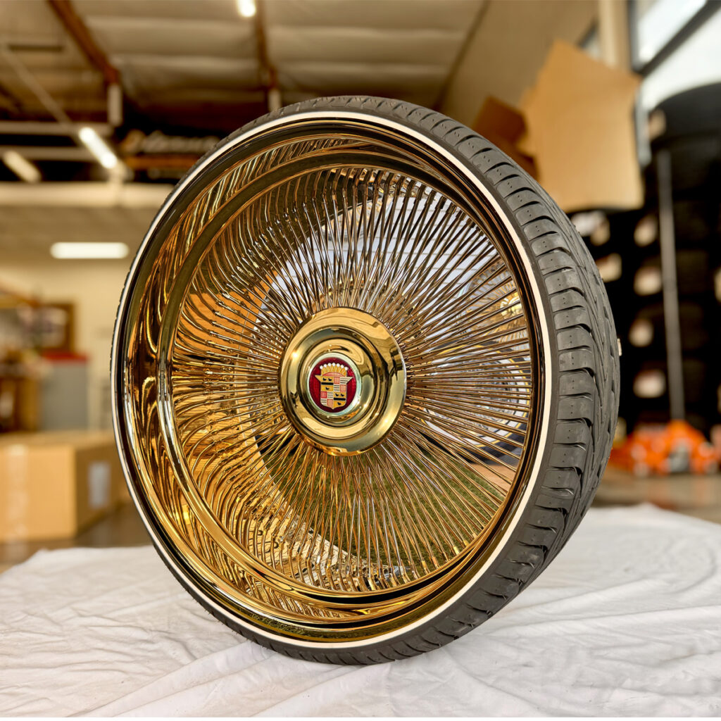 26” Gold Wire Wheels Staggered + 275/25R26 Whitewall Tires For Cadillac - side view deep dish