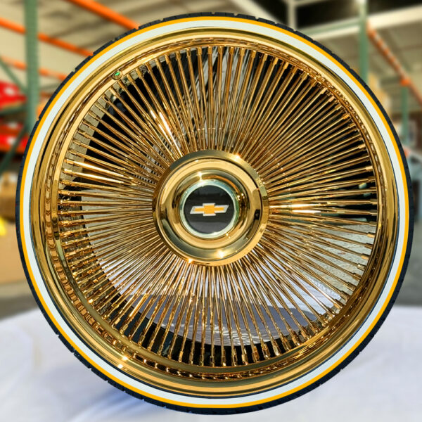 26” All Gold Wire Wheels – Staggered Direct Bolt + 275/25R26 Whitewall & Gold Stripe Tires for Chevy Caprice | Set of 4