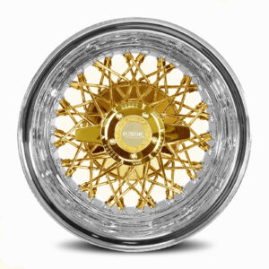 60-spoke-tripple-cross-lace-reverse-wire-wheels-ninja-tire-front-gold-center 14x7” Luxor Wire Wheels – 60 Spoke Triple Cross Lace – Gold Center – Reverse Offset - Front view