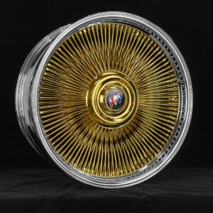 24-inch-buick 24x9" Gold Center Wire Wheels – Direct Bolt + 255/30R24 Whitewall & Yellow Stripe Tires + 64-Spoke Buick Gold Steering Wheel – Set of 4