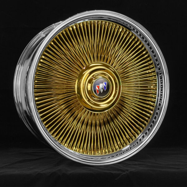 24-inch-buick 24x9" Gold Center Wire Wheels – Direct Bolt + 255/30R24 Whitewall & Yellow Stripe Tires + 64-Spoke Buick Gold Steering Wheel – Set of 4