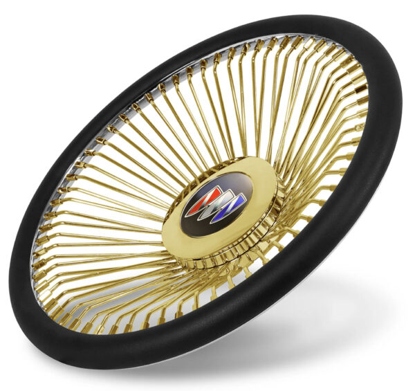 Screenshot 24x9" Gold Center Wire Wheels – Direct Bolt + 255/30R24 Whitewall & Yellow Stripe Tires + 64-Spoke Buick Gold Steering Wheel – Set of 4