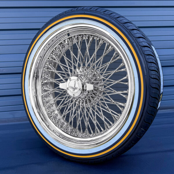 20x8” Chrome Wire Wheels – 96 Spoke Quad Cross Lace + 245/40R20 Original Vogue Tires | Standard Offset | Complete Set of 4