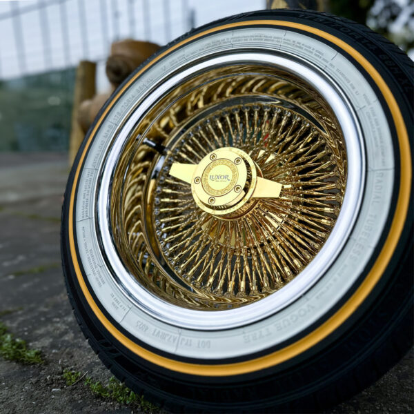 luxor-14-7-wire-wheels-vogue-tires-175-70-14 14x7” Luxor Wire Wheels – Gold Center Reverse 100 Spoke (Diamond Cut) + 175/70R14 Original Vogue Tires | Set of 4