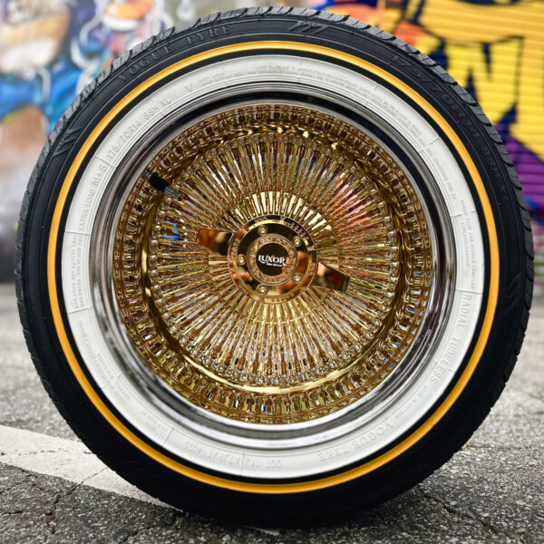 luxor-14-7-wire-wheels-vogue-tires-175-70-14-straight 14x7” Luxor Wire Wheels – Gold Center Reverse 100 Spoke (Diamond Cut) + 175/70R14 Original Vogue Tires | Set of 4