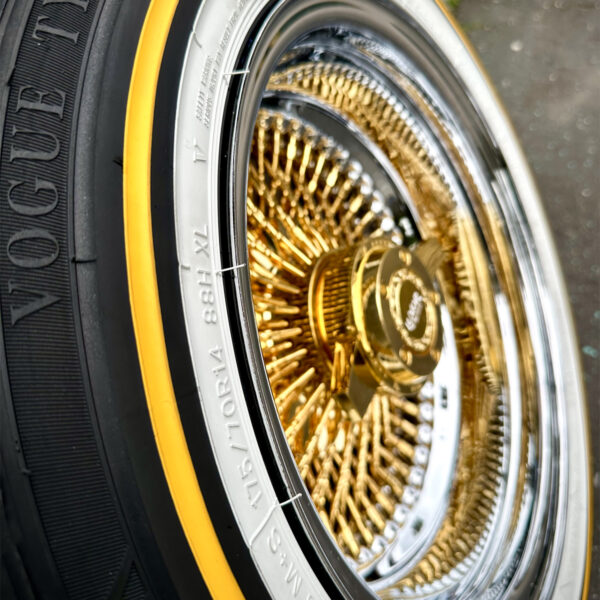 luxor-14-7-wire-wheels-vogue-tires-175-70-14-zoomed 14x7” Luxor Wire Wheels – Gold Center Reverse 100 Spoke (Diamond Cut) + 175/70R14 Original Vogue Tires | Set of 4