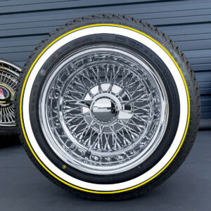 13x7-wire-wheels-72-spoke-cross-laced-155-80-13-whitewall-and-yellow-stripe-tires 13x7” Chrome Wire Wheels – 72 Spoke Reverse Cross Lace + 155/80R13 True Whitewall & Yellow Stripe Tires | Triple Plated | Set of 4