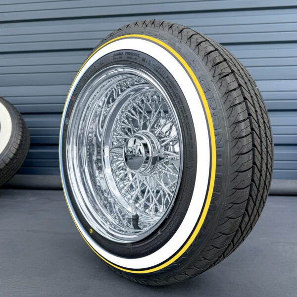 13x7” Chrome Wire Wheels – 72 Spoke Reverse Cross Lace + 155/80R13 True Whitewall & Yellow Stripe Tires | Triple Plated | Set of 4