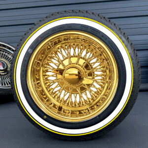 13x7-wire-wheels-72-spoke-cross-laced-all-gold-155-80-13-whitewall-and-yellow-stripe-tires 13x7” All Gold Wire Wheels – 72 Spoke Reverse Cross Lace (Pure California Gold) + 155/80R13 Custom True Whitewall & Yellow Stripe Tires | Set of 4