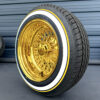 13x7-wire-wheels-72-spoke-cross-laced-all-gold-155-80-13-whitewall-and-yellow-stripe-tires-side 13x7 Reverse All-Gold 72-Spoke Wire Wheels & Gold Stripe Tires Set (Real 24k Gold)