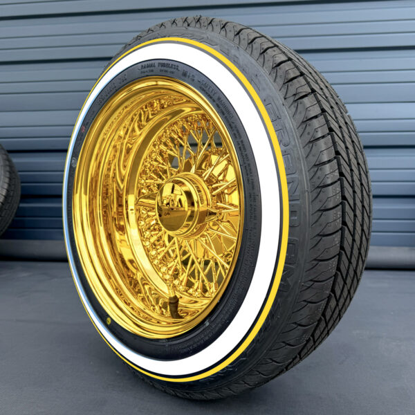 13x7” All Gold Wire Wheels – 72 Spoke Reverse Cross Lace (Pure California Gold) + 155/80R13 Custom True Whitewall & Yellow Stripe Tires | Set of 4