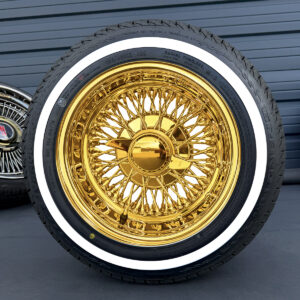 13x7-wire-wheels-72-spoke-cross-laced-all-gold-155-80-13-whitewall-tires 13x7” All Gold Wire Wheels – 72 Spoke Reverse Cross Lace (Pure California Gold) + 155/80R13 True Whitewall Tires | Set of 4