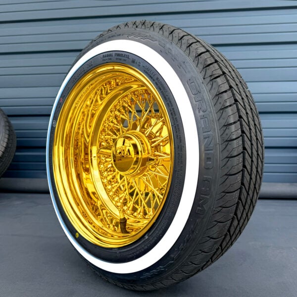 13x7” All Gold Wire Wheels – 72 Spoke Reverse Cross Lace (Pure California Gold) + 155/80R13 True Whitewall Tires | Set of 4